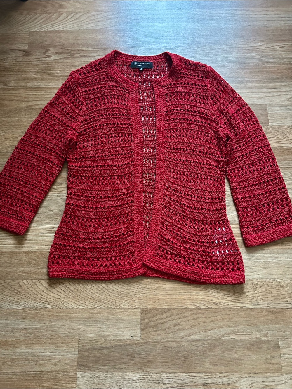 Jones New York Red Crochet Open-Front Cardigan.Size small.